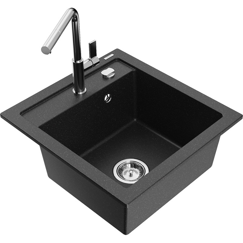 Mexen Vito granite kitchen sink 1-bowl with Flora kitchen faucet, black/silver metallic - 6503-73-670401-00