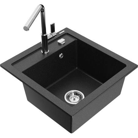 Mexen Vito granite kitchen sink 1-bowl with Flora kitchen faucet, black/silver metallic - 6503-73-670401-00