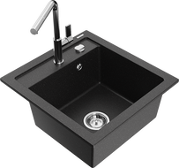 Mexen Vito 1-bowl granite sink with Flora kitchen tap, black/silver metallic - 6503-73-670401-00