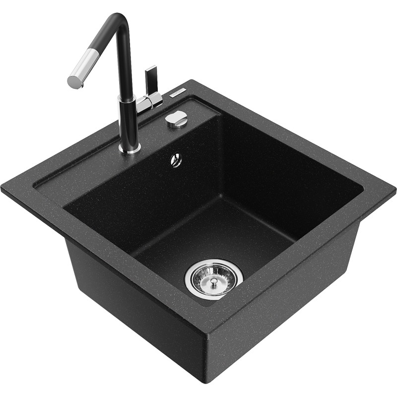 Mexen Vito 1-bowl granite sink with Flora kitchen faucet, black/silver metallic - 6503-73-670401-07