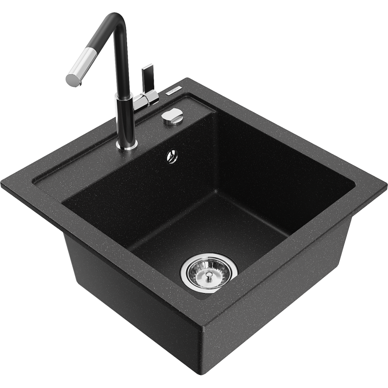 Mexen Vito 1-compartment granite sink with a kitchen mixer tap Flora, Black/Silver metallic - 6503-73-670401-07