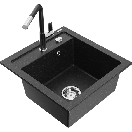Mexen Vito granite kitchen sink single-bowl with Flora kitchen faucet, black/silver metallic - 6503-73-670401-07