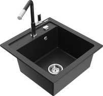 Mexen Vito granite sink 1-bowl with Flora kitchen tap, black/silver metallic - 6503-73-670401-07