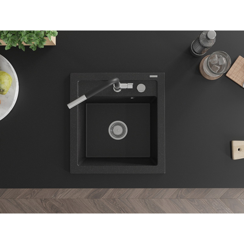 Mexen Vito 1-bowl granite sink with Flora kitchen faucet, black/silver metallic - 6503-73-670401-07