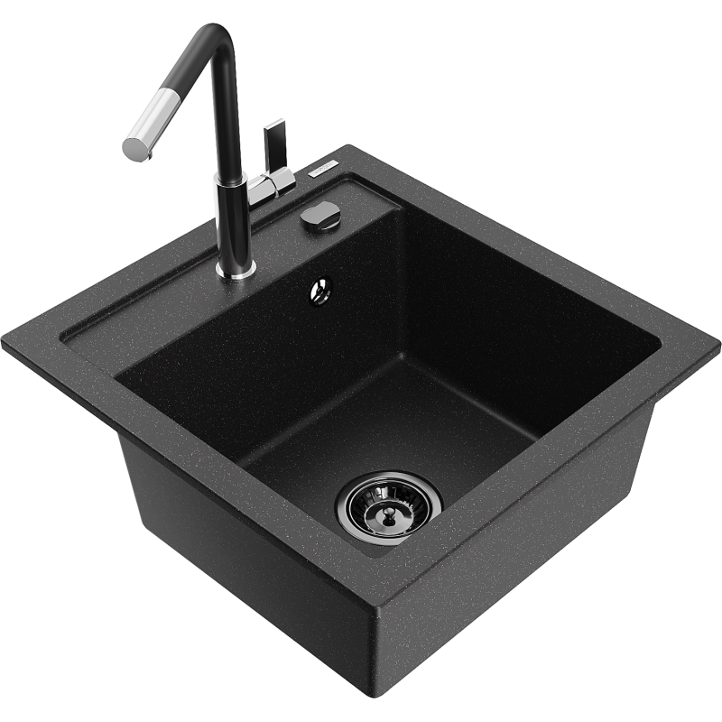 Mexen Vito 1-Bowl Granite Sink with Flora Kitchen Faucet, Black/Silver Metallic - 6503-73-670401-07-B