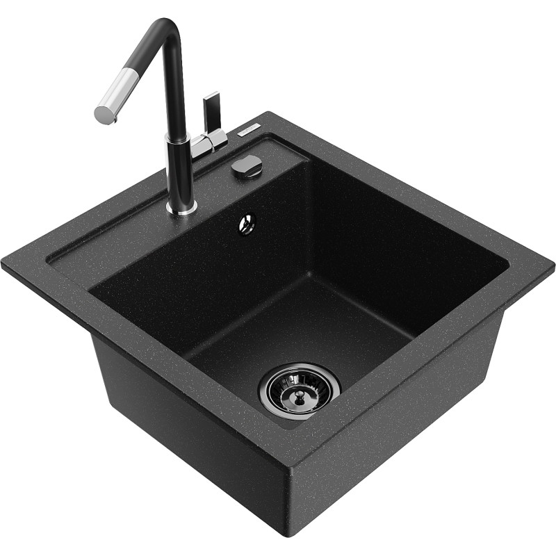 Mexen Vito granite kitchen sink 1-bowl with Flora kitchen faucet, black/silver metallic - 6503-73-670401-07-B