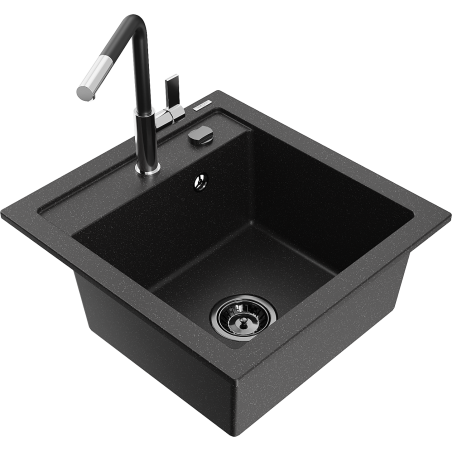 Mexen Vito granite kitchen sink 1-bowl with Flora kitchen faucet, black/silver metallic - 6503-73-670401-07-B