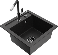 Mexen Vito 1-Bowl Granite Sink with Flora Kitchen Faucet, Black/Silver Metallic - 6503-73-670401-07-B
