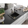 Mexen Vito granite kitchen sink 1-bowl with Flora kitchen faucet, black/silver metallic - 6503-73-670401-57-G