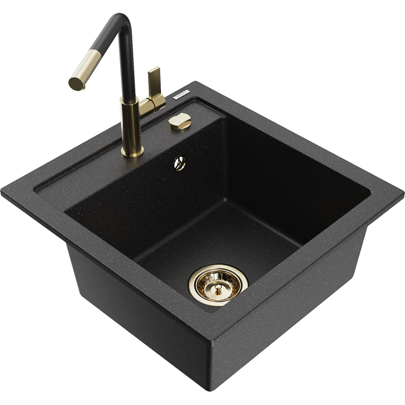 Mexen Vito 1-compartment granite sink with a kitchen mixer tap Flora, Black/Silver metallic - 6503-73-670401-57-G
