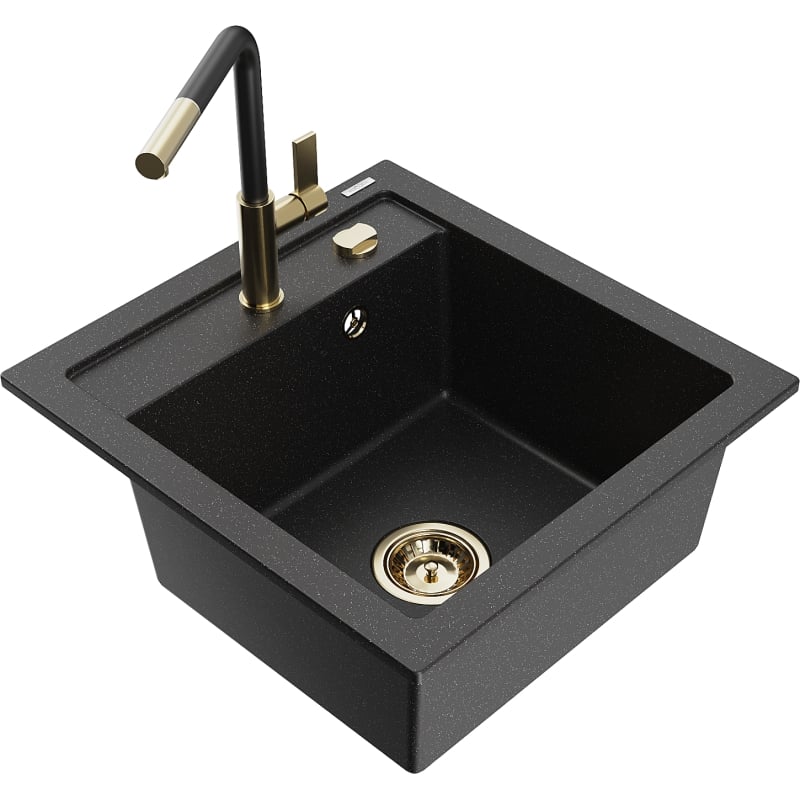 Mexen Vito single-bowl granite sink with Flora kitchen faucet, black/silver metallic - 6503-73-670401-57-G