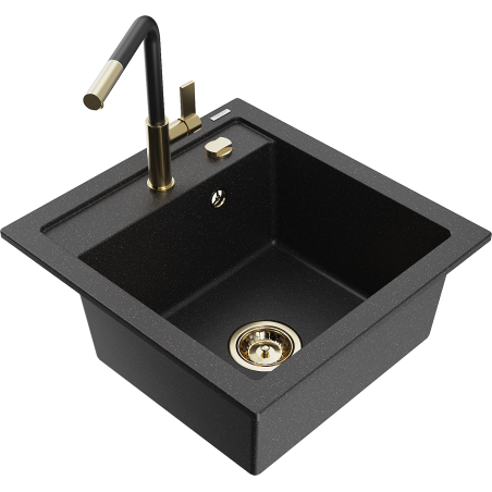 Mexen Vito granite kitchen sink 1-bowl with Flora kitchen faucet, black/silver metallic - 6503-73-670401-57-G