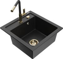 Mexen Vito granite kitchen sink 1-bowl with Flora kitchen faucet, black/silver metallic - 6503-73-670401-57-G