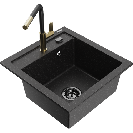 Mexen Vito 1-Bowl Granite Sink with Flora Kitchen Faucet, Black/Silver Metallic - 6503-73-670401-57-B