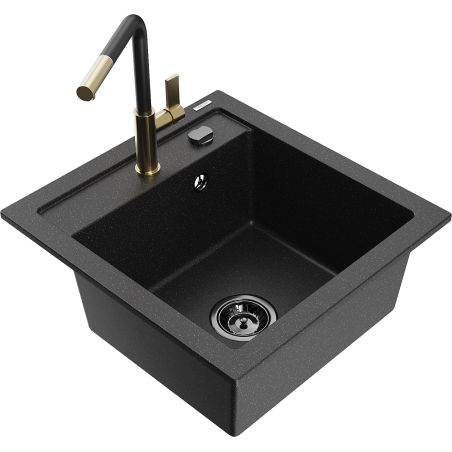 Mexen Vito granite sink 1-bowl with Flora kitchen tap, black/silver metallic - 6503-73-670401-57-B
