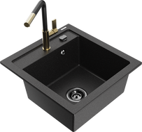 Mexen Vito 1-bowl granite sink with Flora kitchen faucet, black/silver metallic - 6503-73-670401-57-B