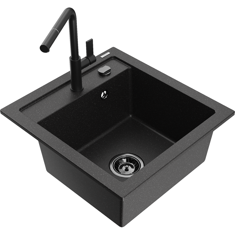 Mexen Vito 1-bowl granite sink with Flora kitchen tap, black/silver metallic - 6503-73-670401-70-B