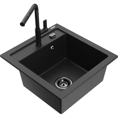 Mexen Vito granite 1-bowl sink with Flora kitchen faucet, black/silver metallic - 6503-73-670401-70-B