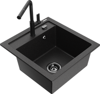Mexen Vito 1-bowl granite sink with Flora kitchen tap, black/silver metallic - 6503-73-670401-70-B