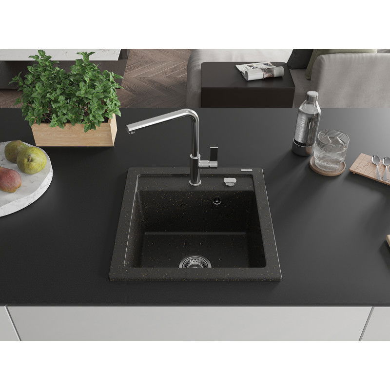 Mexen Vito 1-bowl granite kitchen sink with Flora kitchen tap, black/gold metallic - 6503-75-670401-00