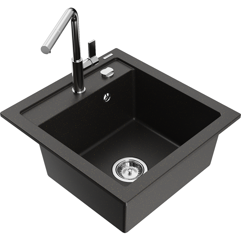 Mexen Vito 1-bowl granite kitchen sink with Flora kitchen tap, black/gold metallic - 6503-75-670401-00