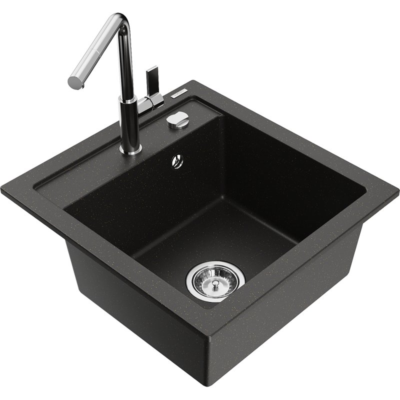 Mexen Vito 1-compartment granite sink with a kitchen mixer tap Flora, Black/Gold metallic - 6503-75-670401-00