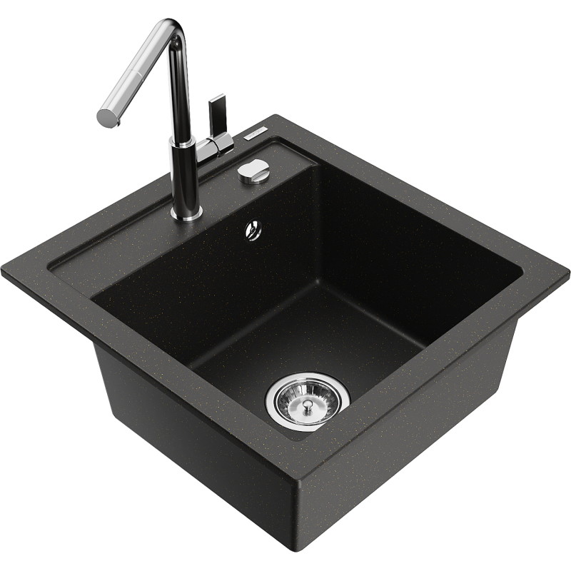 Mexen Vito granite single-bowl sink with Flora kitchen faucet, black/gold metallic - 6503-75-670401-00