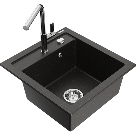 Mexen Vito 1-bowl granite sink with Flora kitchen faucet, black/gold metallic - 6503-75-670401-00