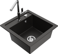 Mexen Vito 1-bowl granite sink with Flora kitchen faucet, black/gold metallic - 6503-75-670401-00