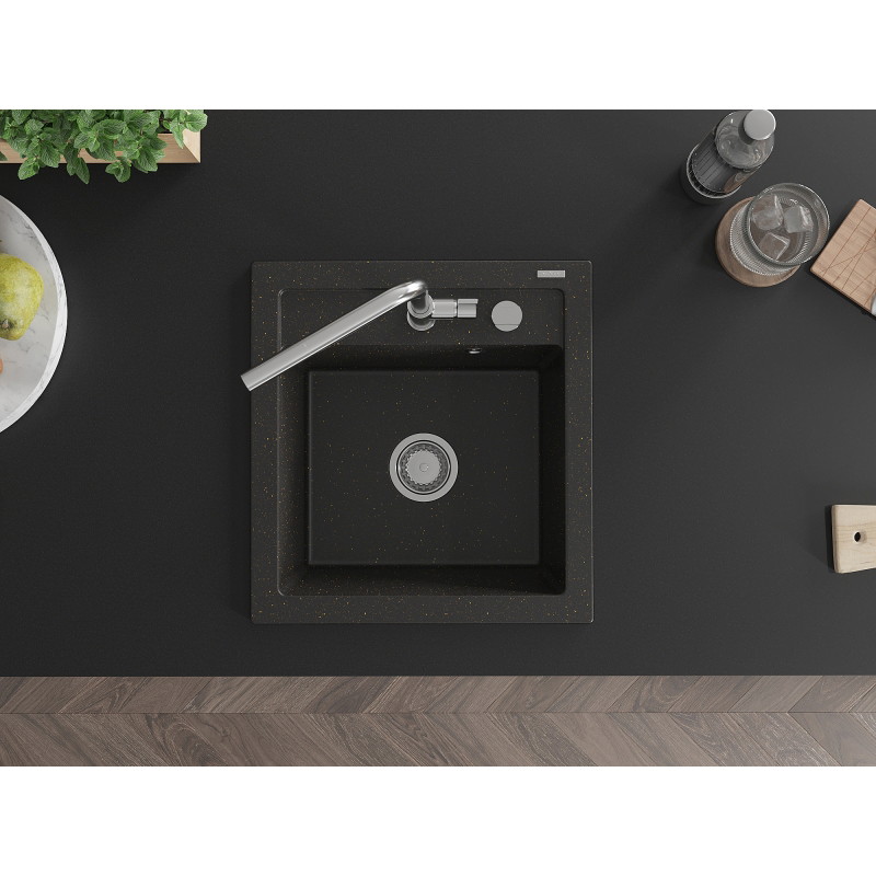 Mexen Vito granite single-bowl sink with Flora kitchen faucet, black/gold metallic - 6503-75-670401-00