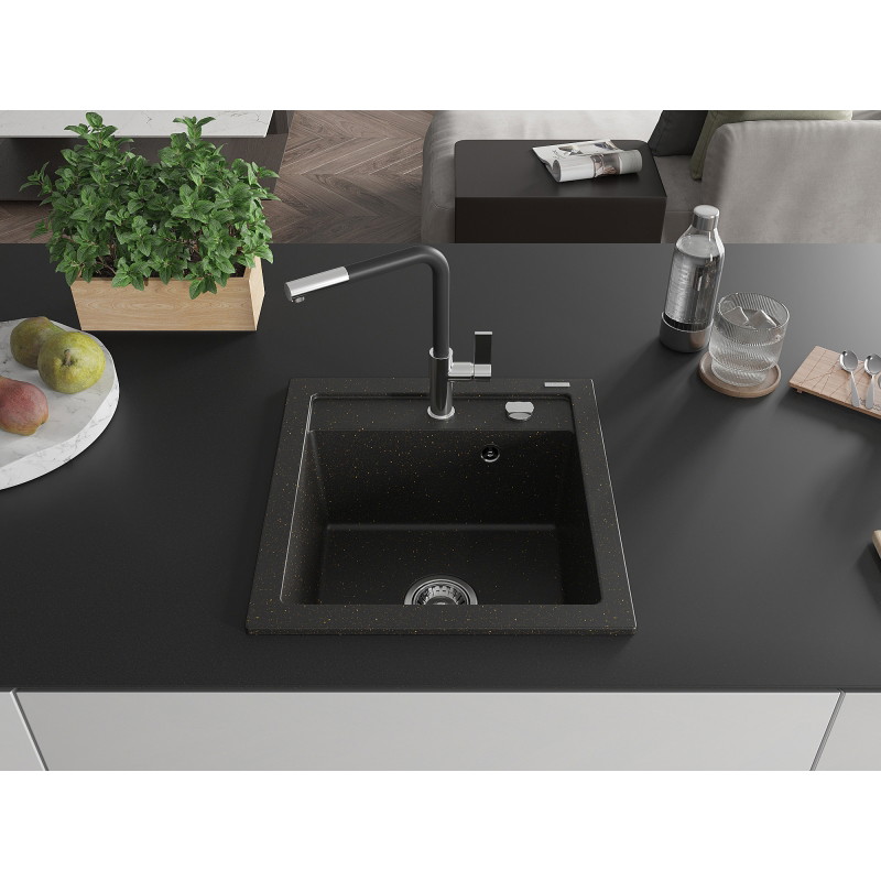 Mexen Vito 1-bowl granite sink with Flora kitchen faucet, black/gold metallic - 6503-75-670401-07