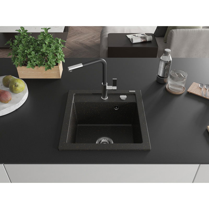 Mexen Vito 1-bowl granite sink with Flora kitchen tap, black/gold metallic - 6503-75-670401-07