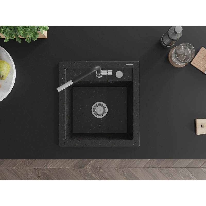 Mexen Vito 1-bowl granite sink with Flora kitchen faucet, black/gold metallic - 6503-75-670401-07