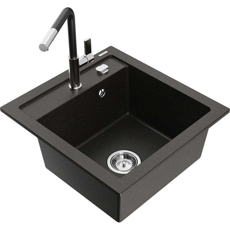 Mexen Vito 1-bowl granite sink with Flora kitchen faucet, black/gold metallic - 6503-75-670401-07
