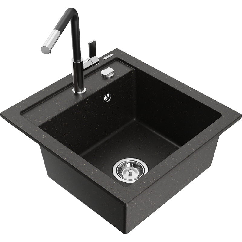 Mexen Vito 1-bowl granite sink with Flora kitchen tap, black/gold metallic - 6503-75-670401-07