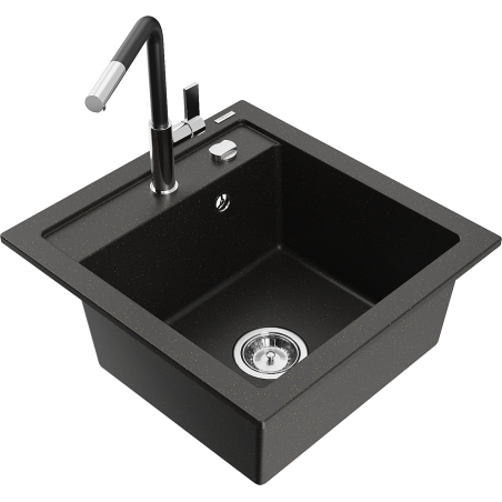 Mexen Vito 1-bowl granite sink with Flora kitchen faucet, black/gold metallic - 6503-75-670401-07