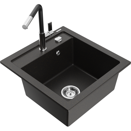Mexen Vito granite sink 1-bowl with Flora kitchen faucet, black/gold metallic - 6503-75-670401-07