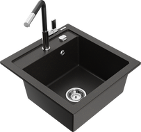 Mexen Vito granite sink 1-bowl with Flora kitchen faucet, black/gold metallic - 6503-75-670401-07