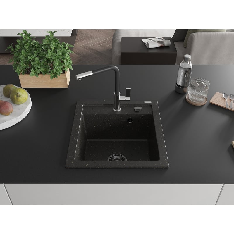 Mexen Vito granite kitchen sink 1-bowl with Flora kitchen faucet, black/gold metallic - 6503-75-670401-07-B