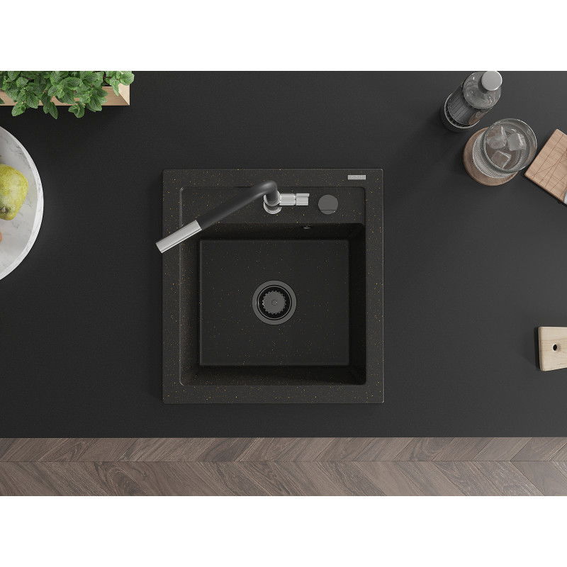 Mexen Vito 1-bowl granite kitchen sink with Flora tap, black/gold metallic - 6503-75-670401-07-B