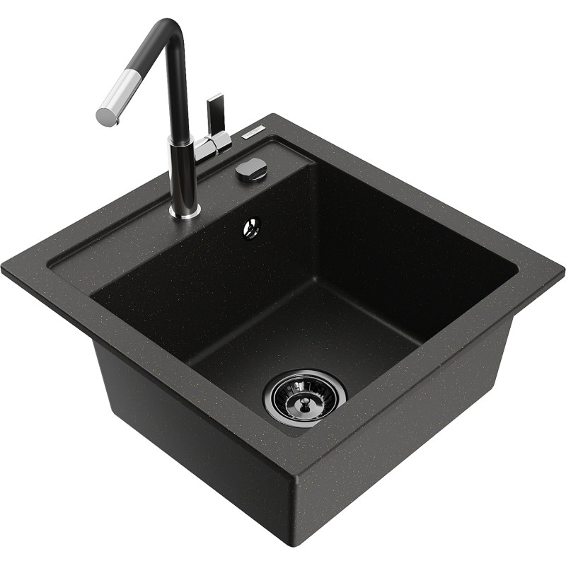 Mexen Vito granite kitchen sink 1-bowl with Flora kitchen faucet, black/gold metallic - 6503-75-670401-07-B
