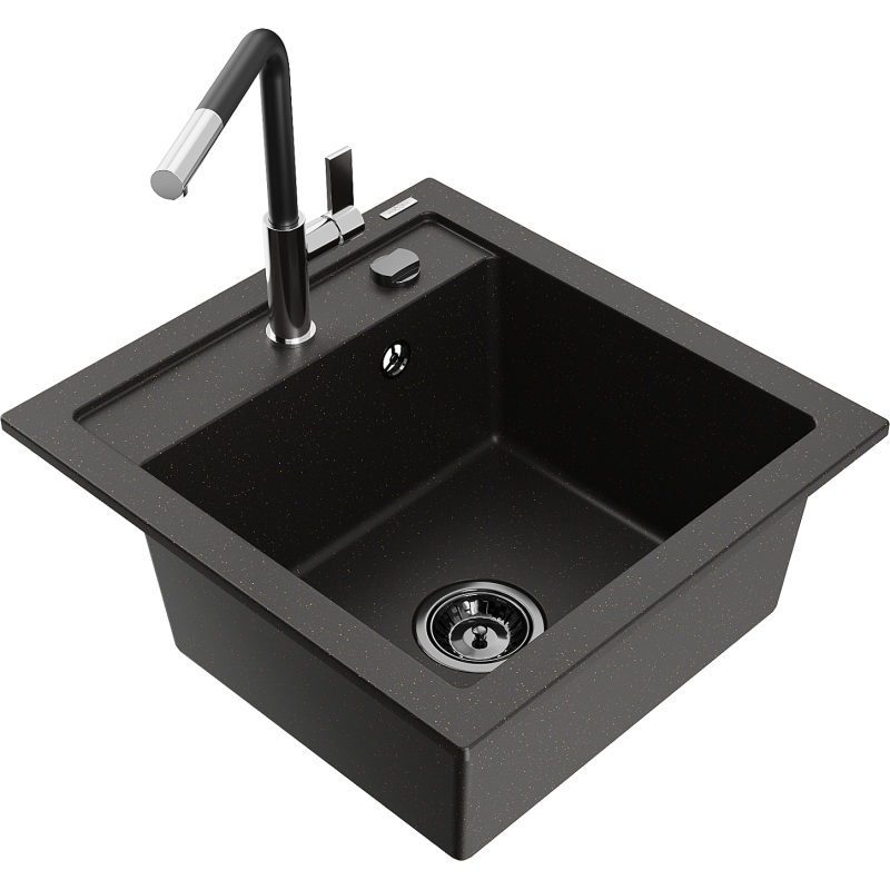Mexen Vito single-bowl granite sink with Flora kitchen faucet, black/gold metallic - 6503-75-670401-07-B