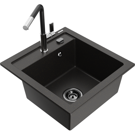 Mexen Vito 1-bowl granite kitchen sink with Flora tap, black/gold metallic - 6503-75-670401-07-B