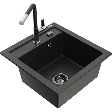 Mexen Vito 1-bowl granite sink with Flora kitchen faucet, black/gold metallic - 6503-75-670401-07-B