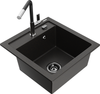 Mexen Vito 1-bowl granite sink with Flora kitchen faucet, black/gold metallic - 6503-75-670401-07-B
