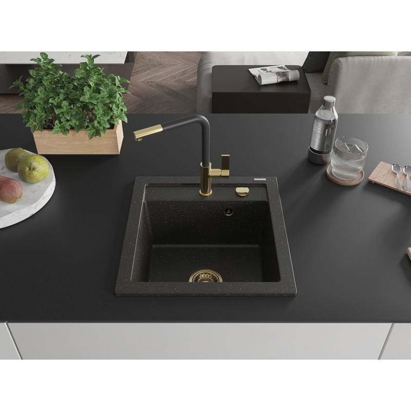Mexen Vito granite single-bowl sink with Flora kitchen faucet, black/gold metallic - 6503-75-670401-57-G