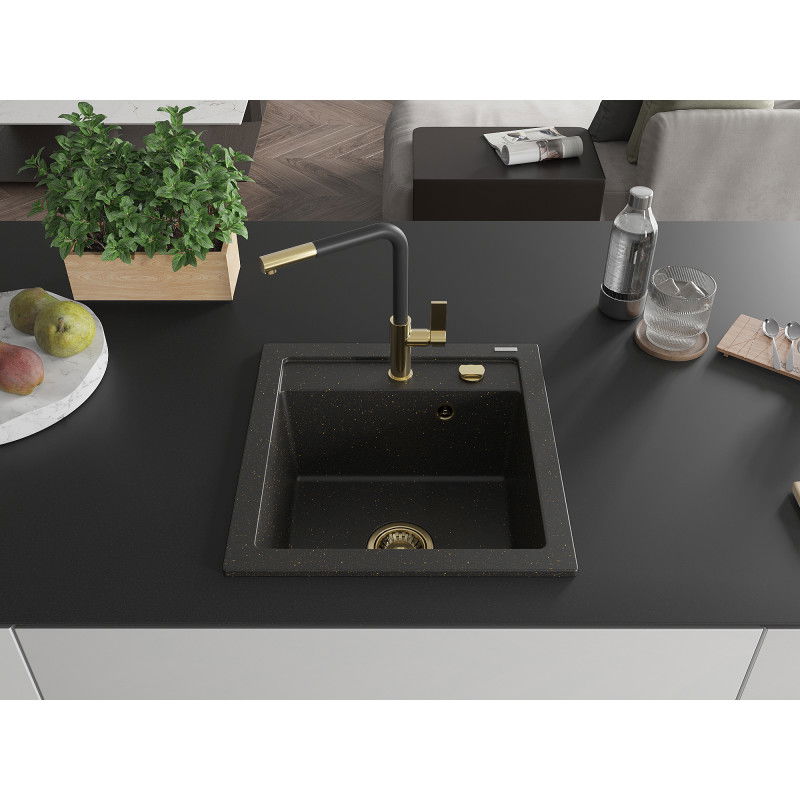 Mexen Vito Granite Sink Single-Bowl with Flora Kitchen Tap, Black/Gold Metallic - 6503-75-670401-57-G