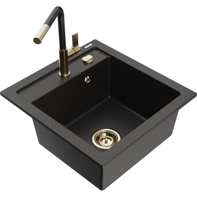 Mexen Vito 1-compartment granite sink with a kitchen mixer tap Flora, Black/Gold metallic - 6503-75-670401-57-G