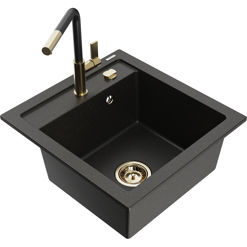 Mexen Vito granite single-bowl sink with Flora kitchen faucet, black/gold metallic - 6503-75-670401-57-G