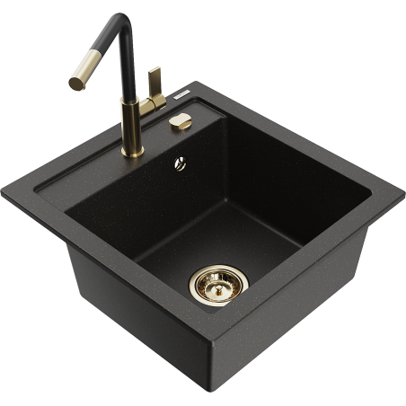 Mexen Vito granite single-bowl sink with Flora kitchen faucet, black/gold metallic - 6503-75-670401-57-G